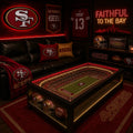 San Francisco 49ers NFL coffee table with lit stadium top in a dark man-cave