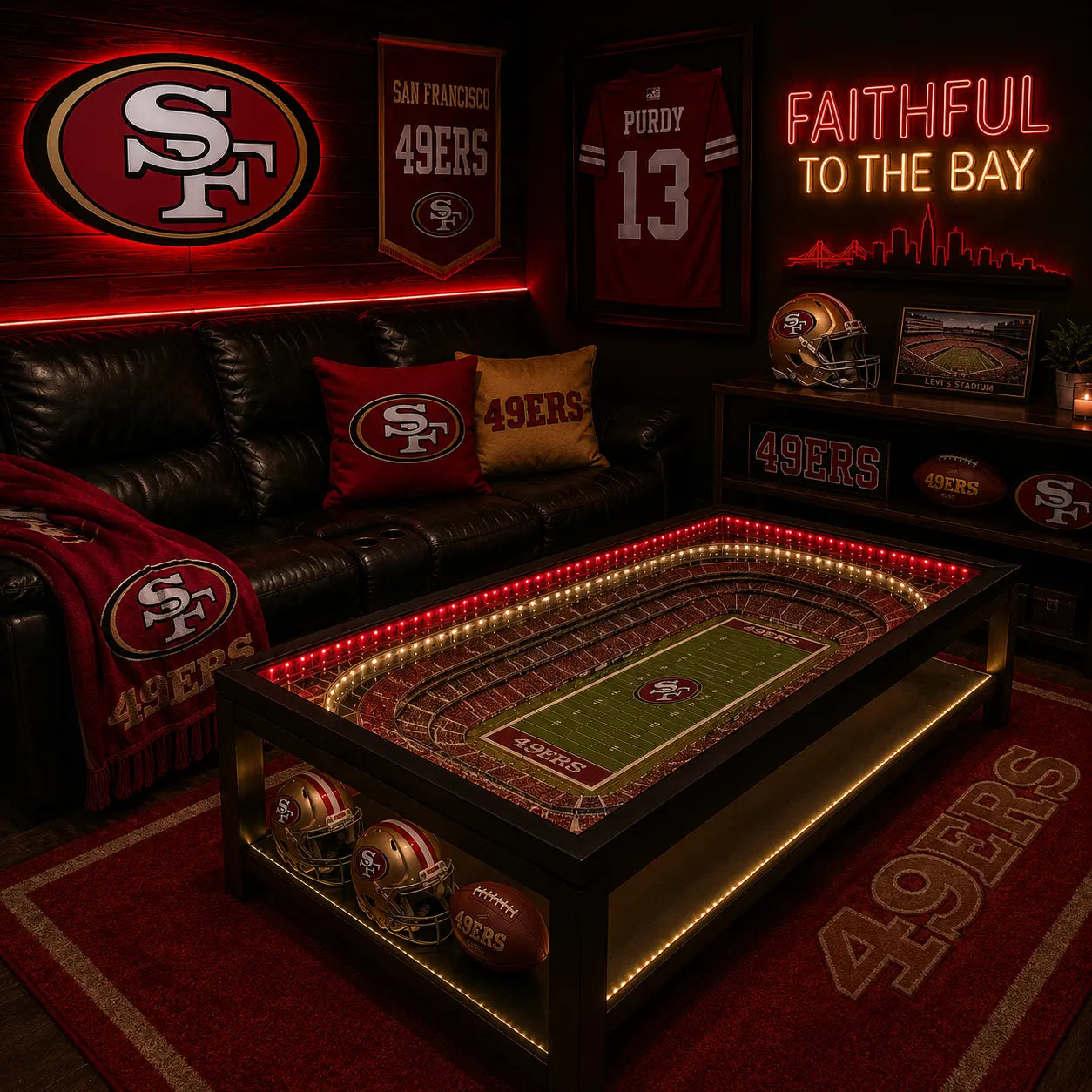 San Francisco 49ers NFL coffee table with lit stadium top in a dark man-cave