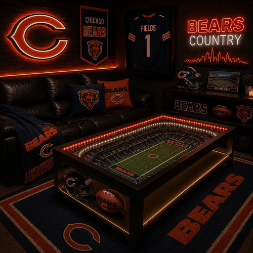 Chicago Bears NFL coffee table with lit stadium top in a dark man-cave