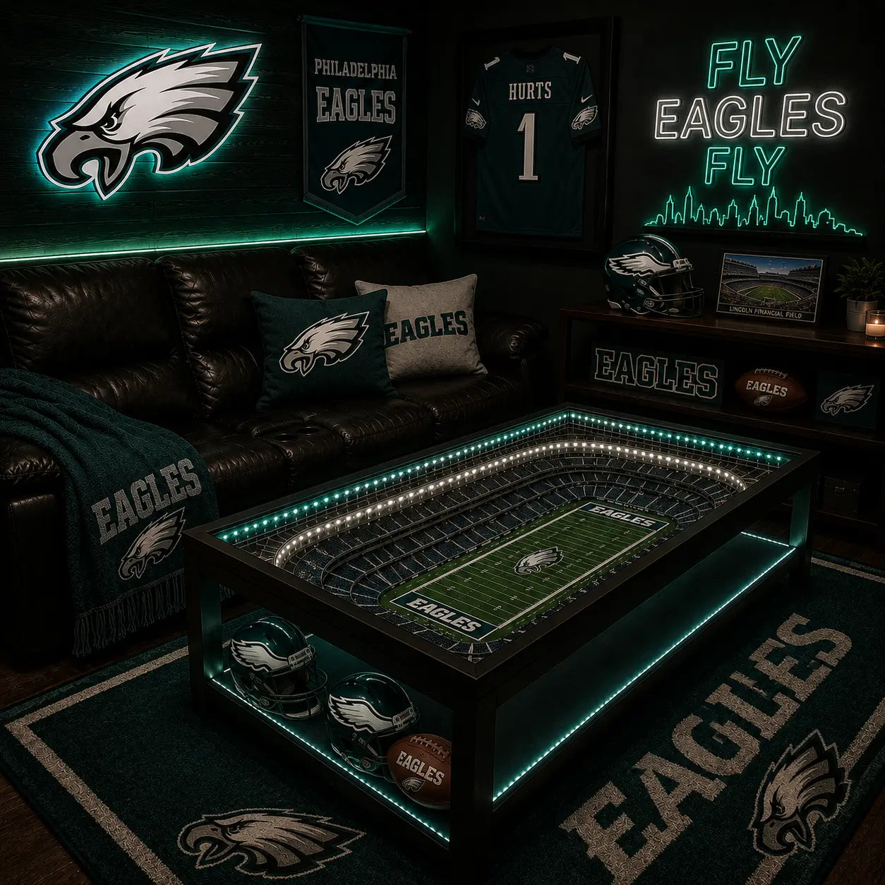 Philadelphia Eagles NFL coffee table with lit stadium top in a dark man-cave
