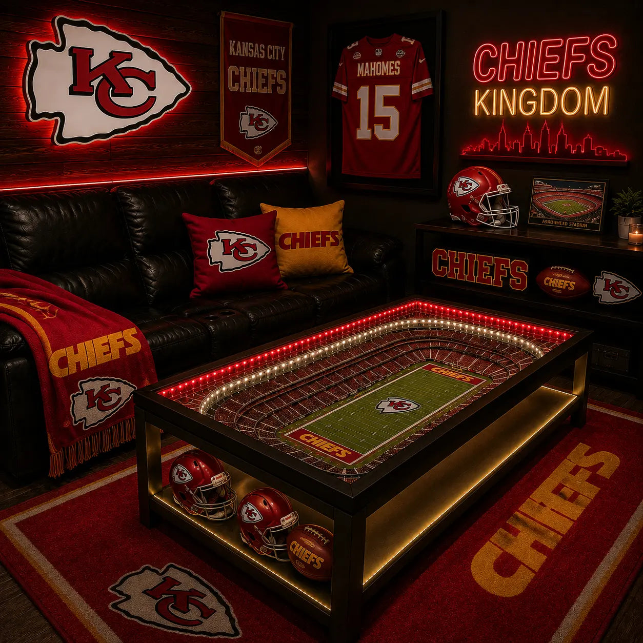 Kansas City Chiefs NFL coffee table with lit stadium top in a dark man-cave