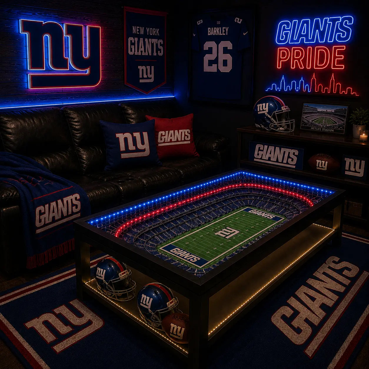 New York Giants NFL coffee table with lit stadium top in a dark man-cave