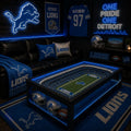 Detroit Lions NFL coffee table with lit stadium top in a dark man-cave