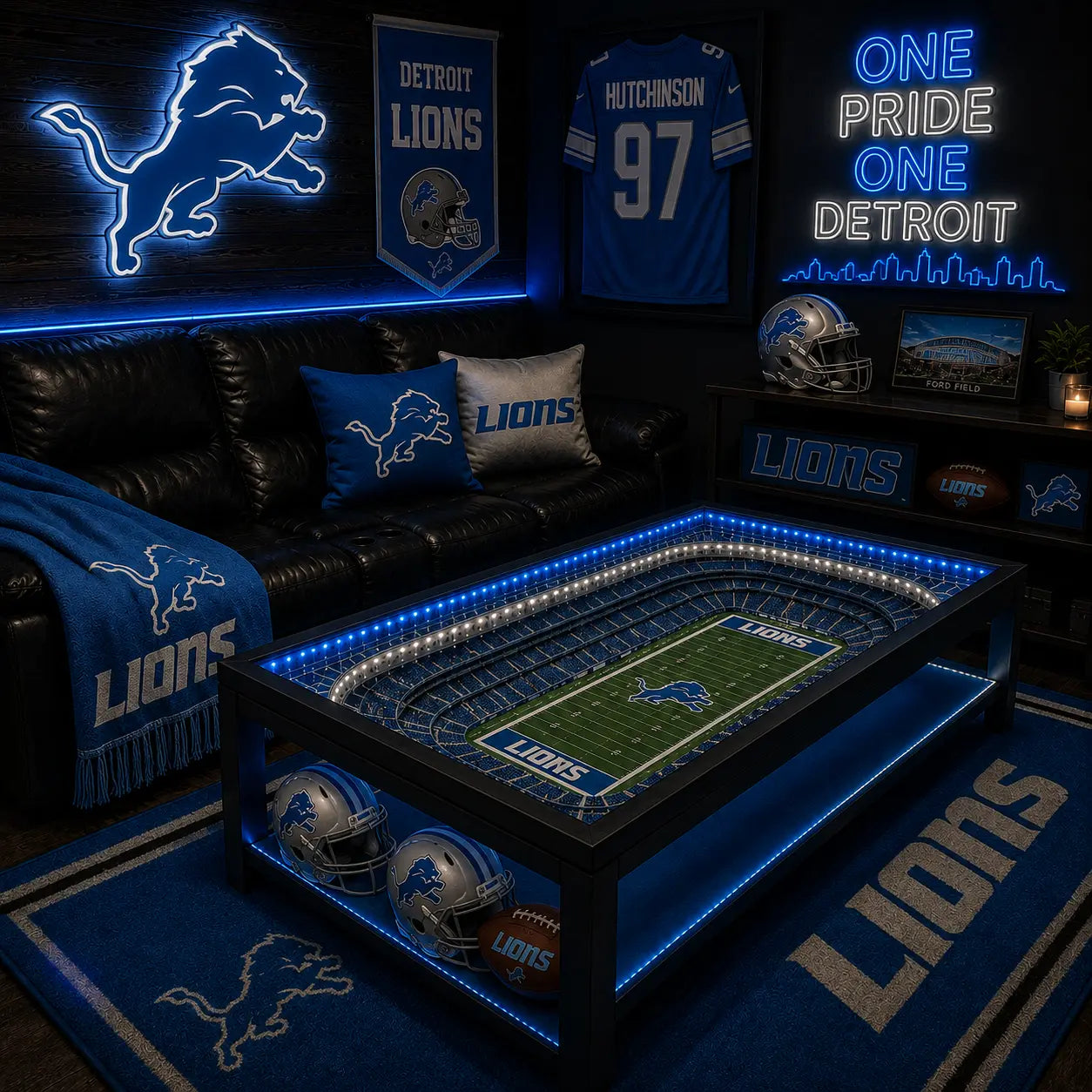 Detroit Lions NFL coffee table with lit stadium top in a dark man-cave