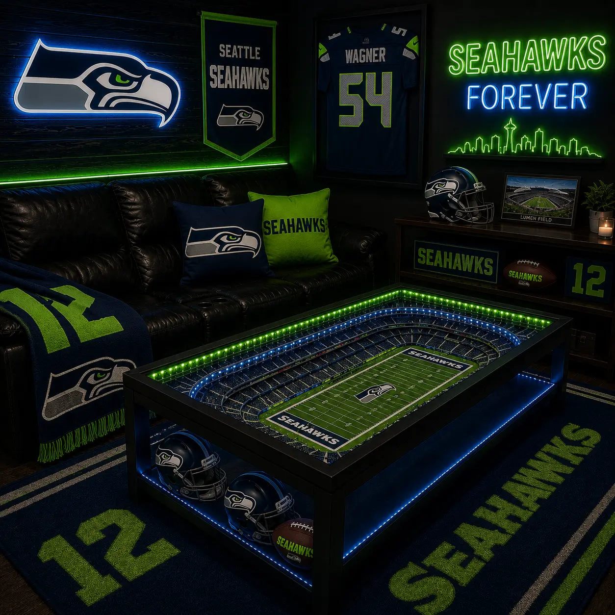 Seattle Seahawks NFL coffee table with lit stadium top in a dark man-cave