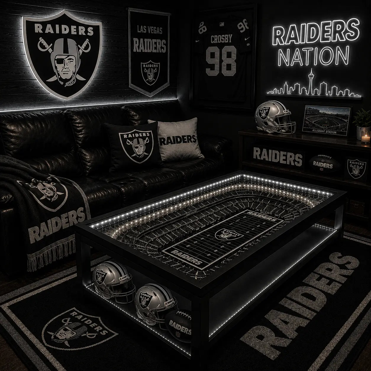 Las Vegas Raiders NFL coffee table with lit stadium top in a dark man-cave