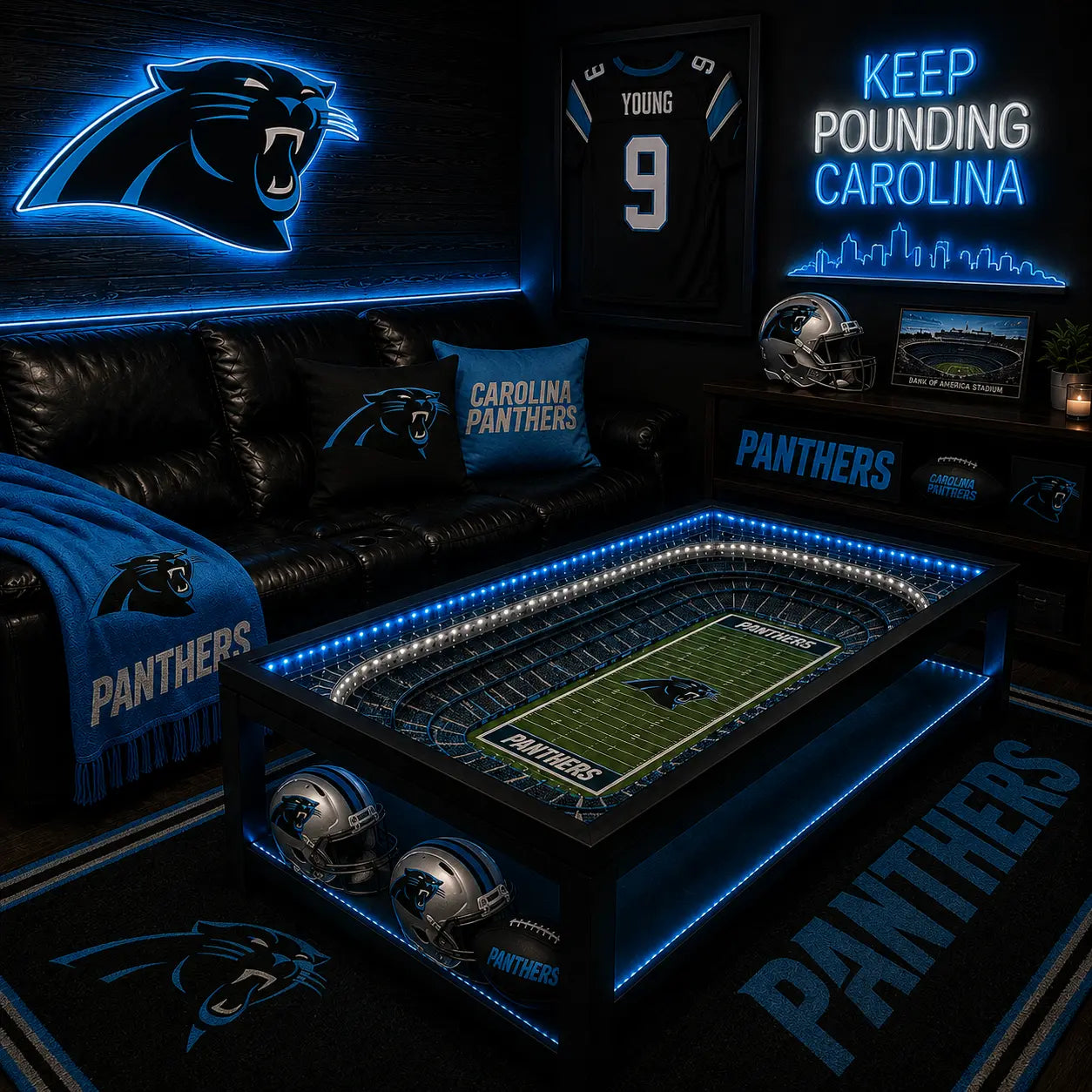 Carolina Panthers NFL coffee table with lit stadium top in a dark man-cave