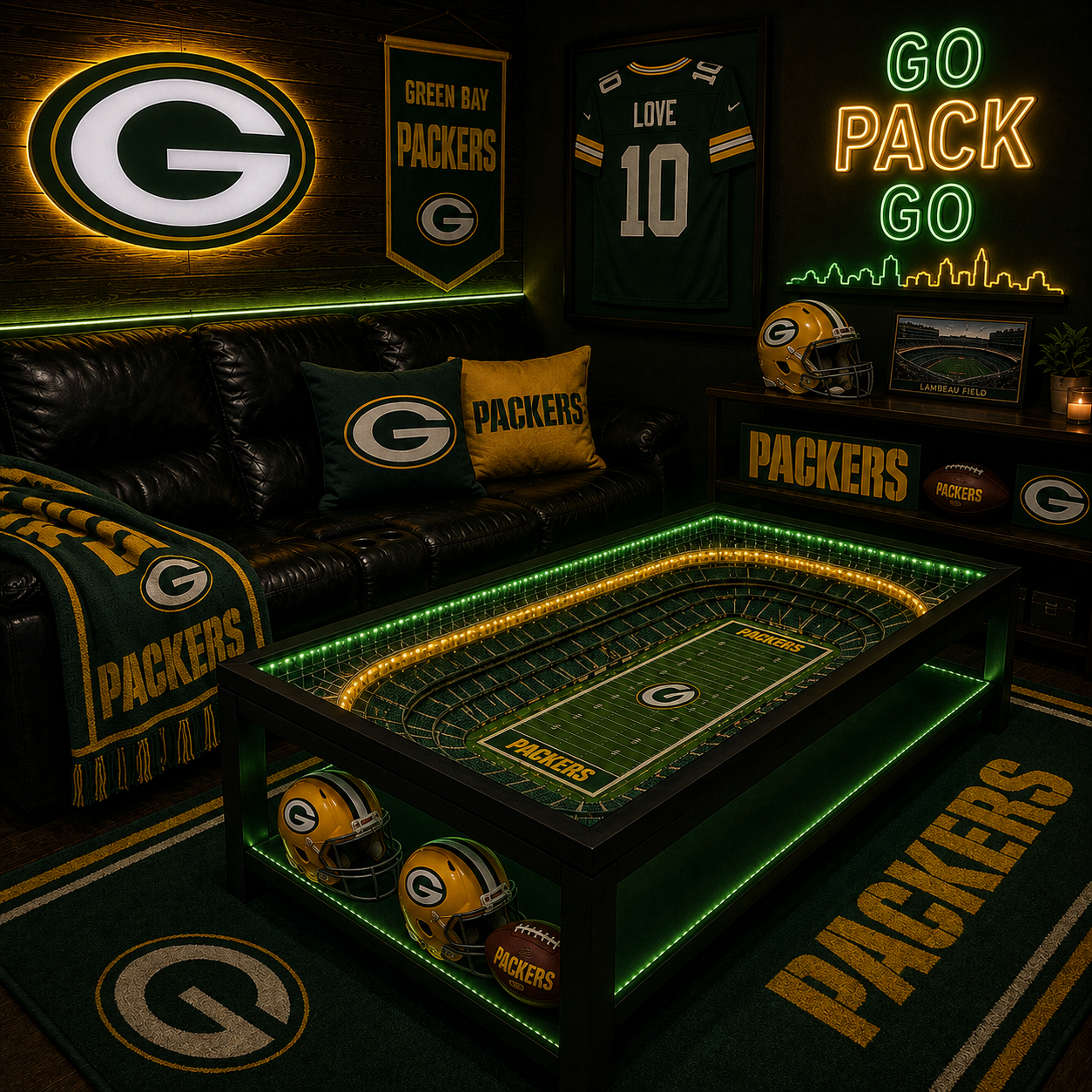 Green Bay Packers LED stadium coffee table in a dark man-cave