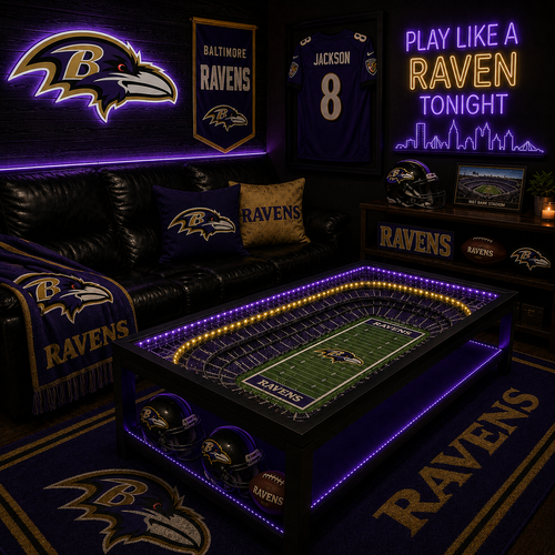 Baltimore Ravens LED stadium coffee table in a dark man-cave