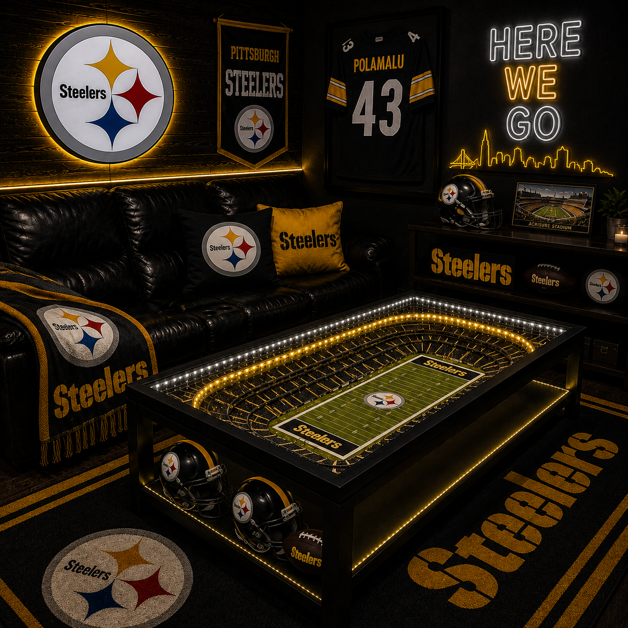 Pittsburgh Steelers LED stadium coffee table in a dark man-cave