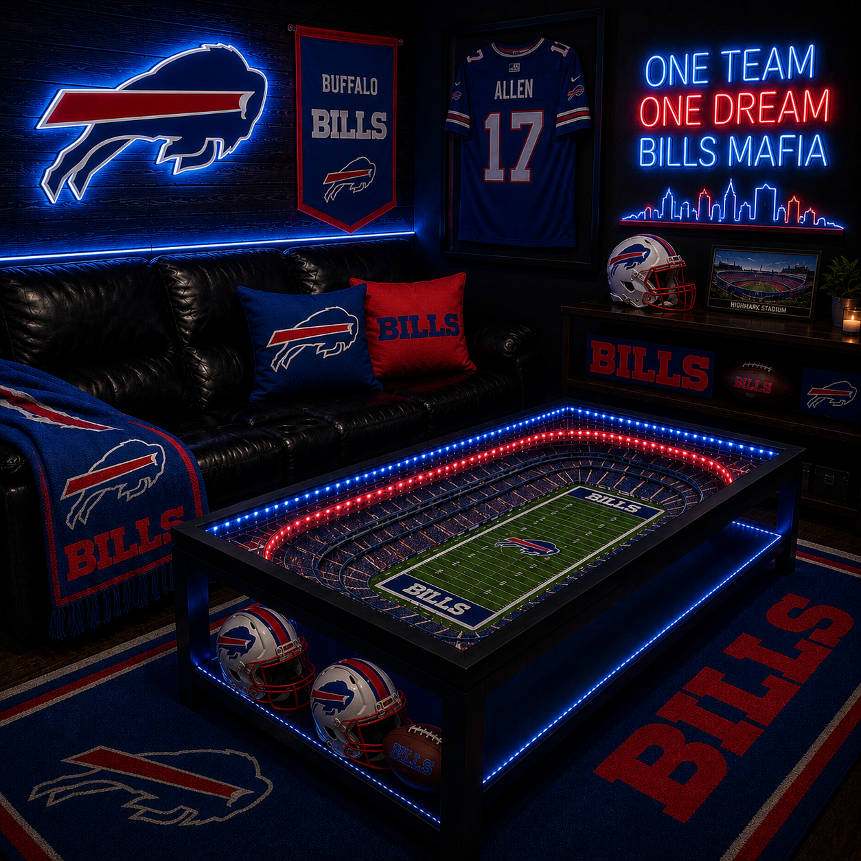 Buffalo Bills LED stadium coffee table in a dark man-cave