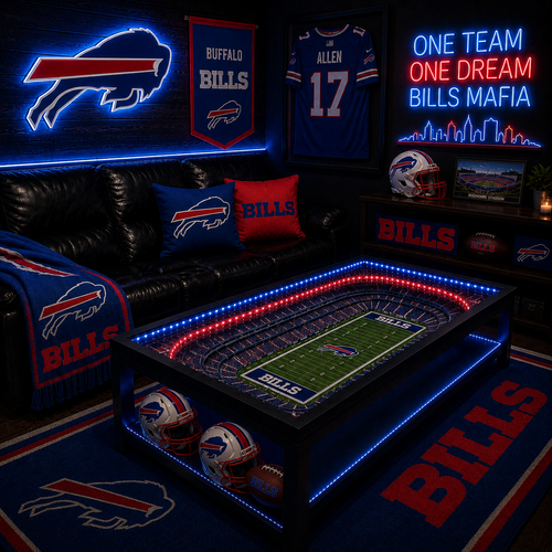 Buffalo Bills LED stadium coffee table in a dark man-cave