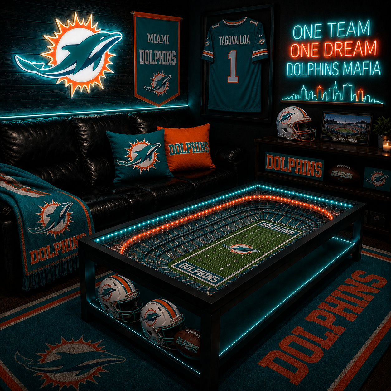 Miami Dolphins LED stadium coffee table in a man cave