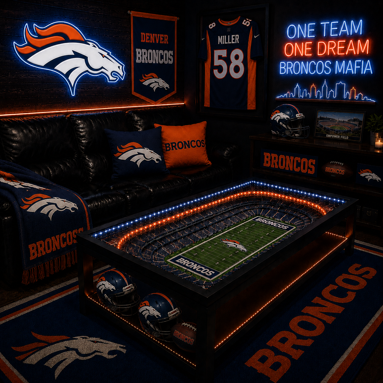 Denver Broncos LED stadium coffee table in a man cave