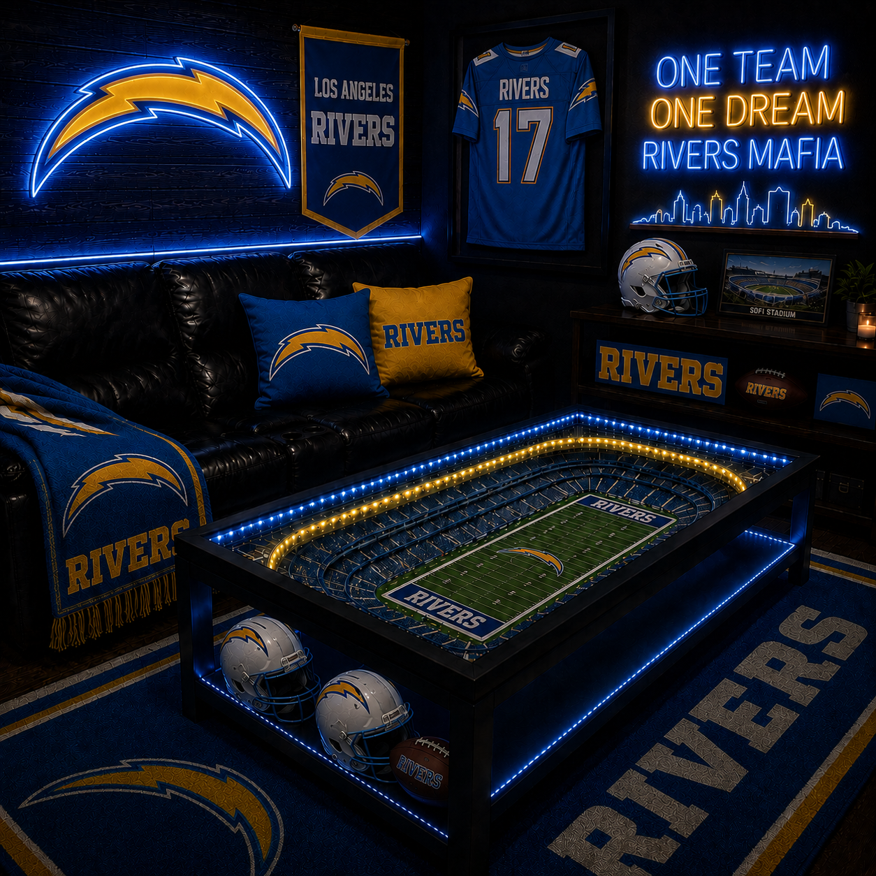 Los Angeles Rivers LED stadium coffee table in a man cave