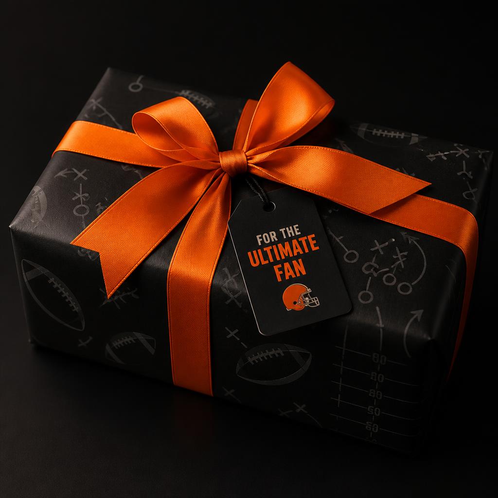 Black gift-wrapped package with orange satin ribbon